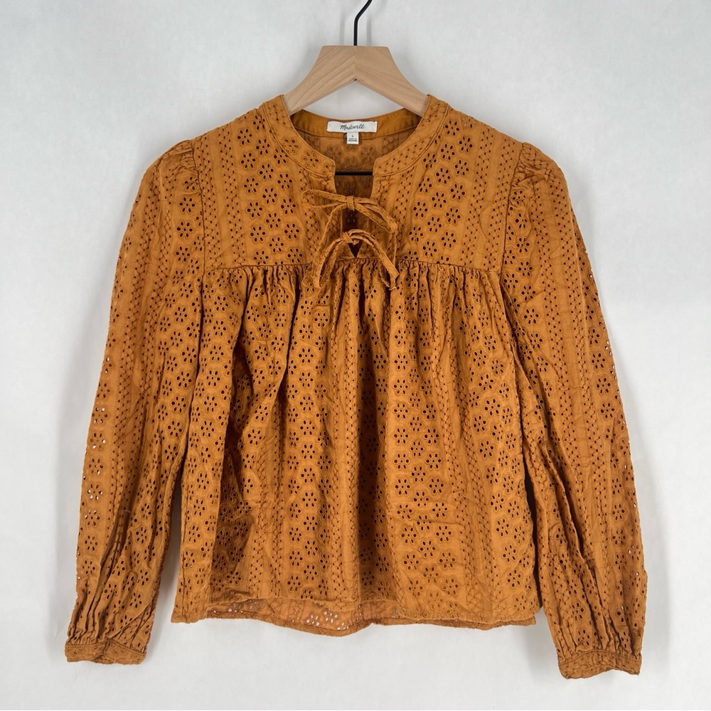 Madewell Eyelet Double Tie Peasant Top Carrot Cake 100% Cotton Size S